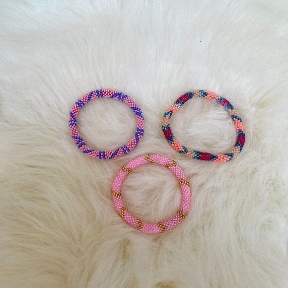 HAND CRAFTED in Nepal Beaded Bracelets (set of 3) PINK2 - Picture 3 of 4